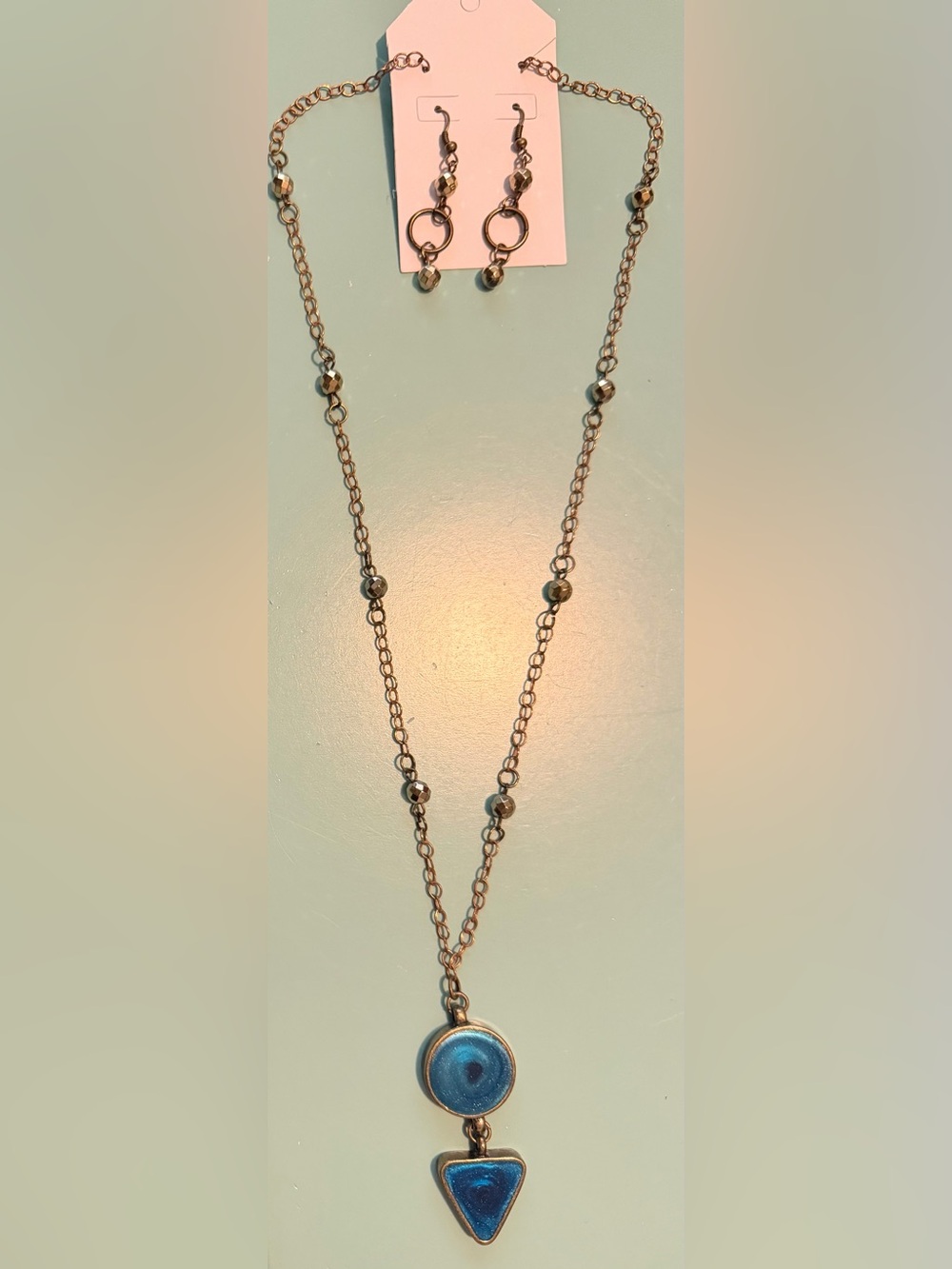 Blue Geometric Enamel Pendant Bead Station Necklace with Matching Earrings